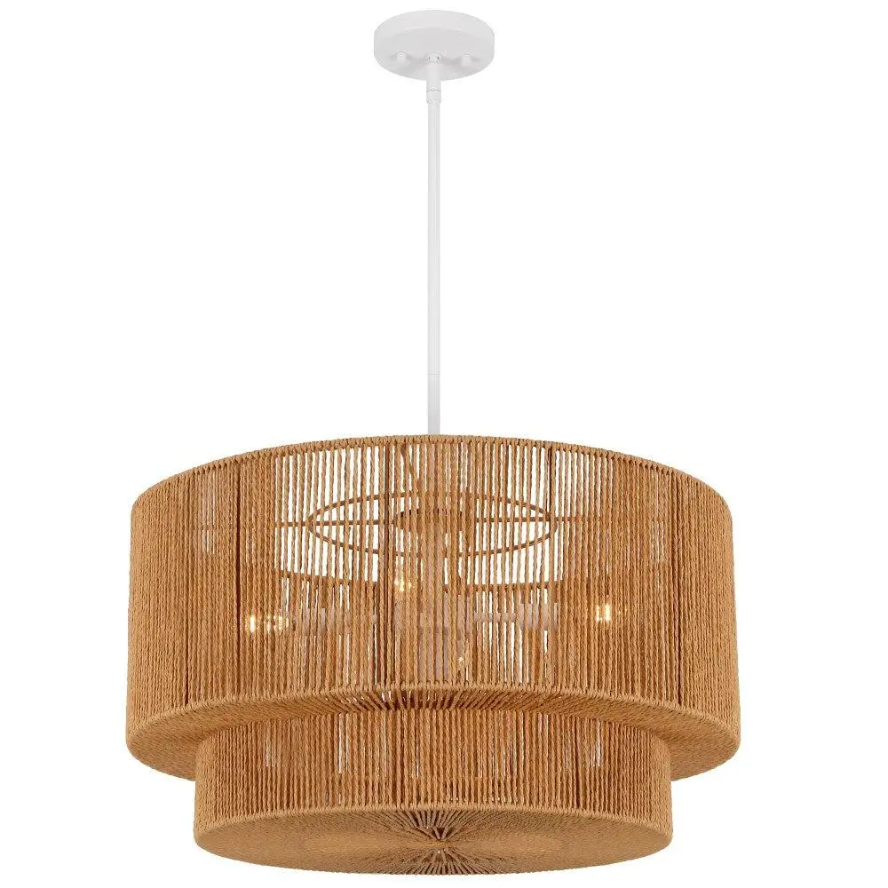 Elliott Coastal Bohemian Adjustable Metal Drum LED Chandelier - Hand-Woven Rattan-Look Paper Rope, 2-Round Tiers, LED Lights for Indoor Use