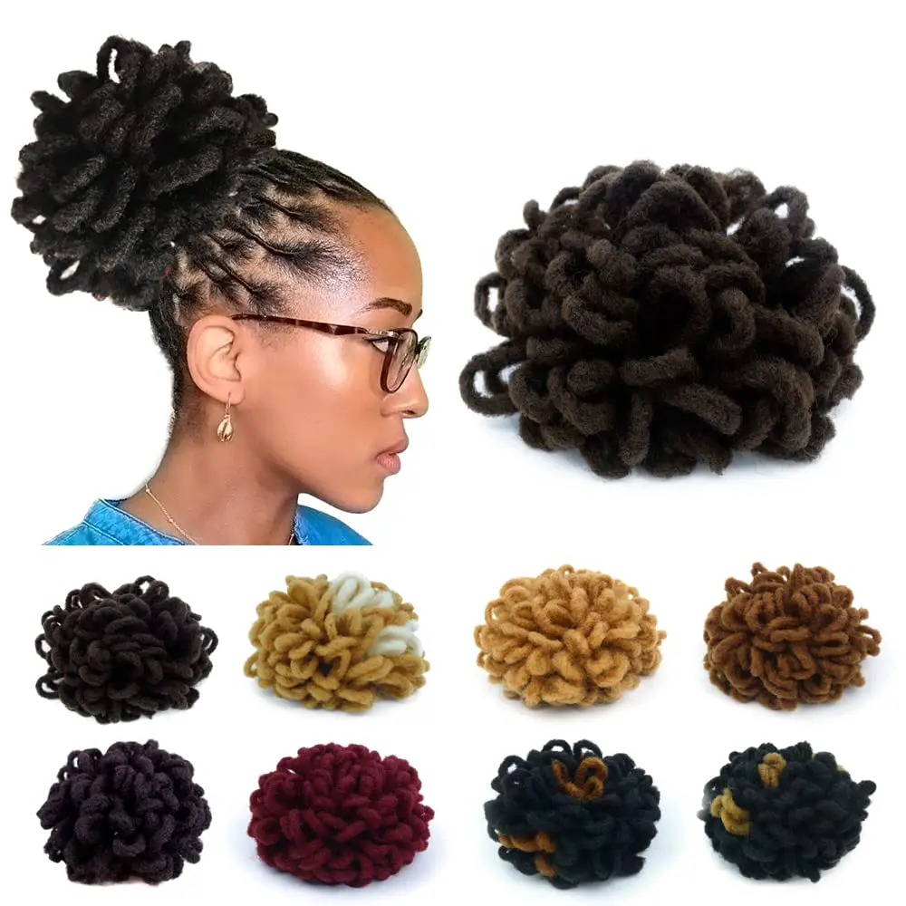 Synthetic Hair Wigs, Loc Ponytail Drawstring Dreadlock Bun, Petal Curly Faux Locs Braided Ponytails, Short Chignon Clip-in Hair Extensions (4#)