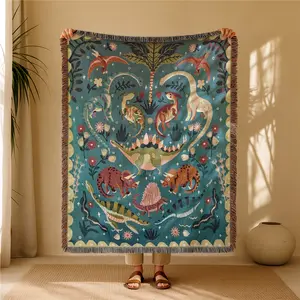 Dinosaur Pattern Bohemian Yarn Jacquard Woven Blanket with Tassel, Soft Washable Blanket, Multifunctional Blanket, Used for Home Decor Sofa Chair Bed Tapestry Tablecloth Floor Garden Picnic Outdoor Camping