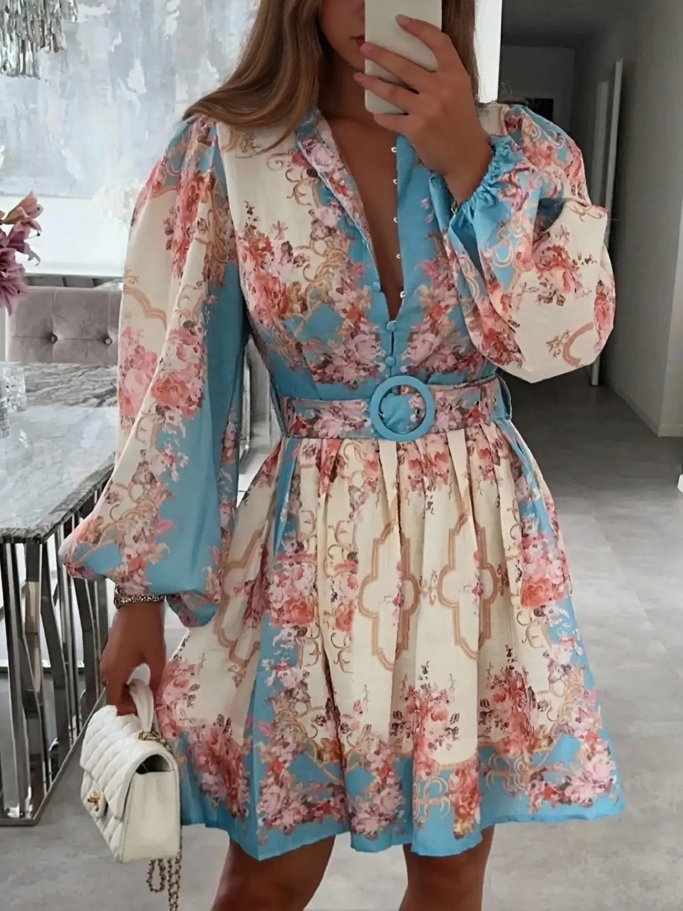 Women's Floral Print Woven Breathable Belted Dress, Elegant Boho Style Bohemian Lantern Long Sleeve Dress for Spring & Fall, Women's Clothing for Daily Casual Wear, Lady Womenswear, Casual Boho Chic, Boho Dresses