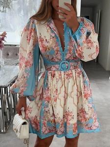 women's floral print belted dress, elegant longsleeves dress for spring & fall, women's clothing for daily wear, bohemian womenswear