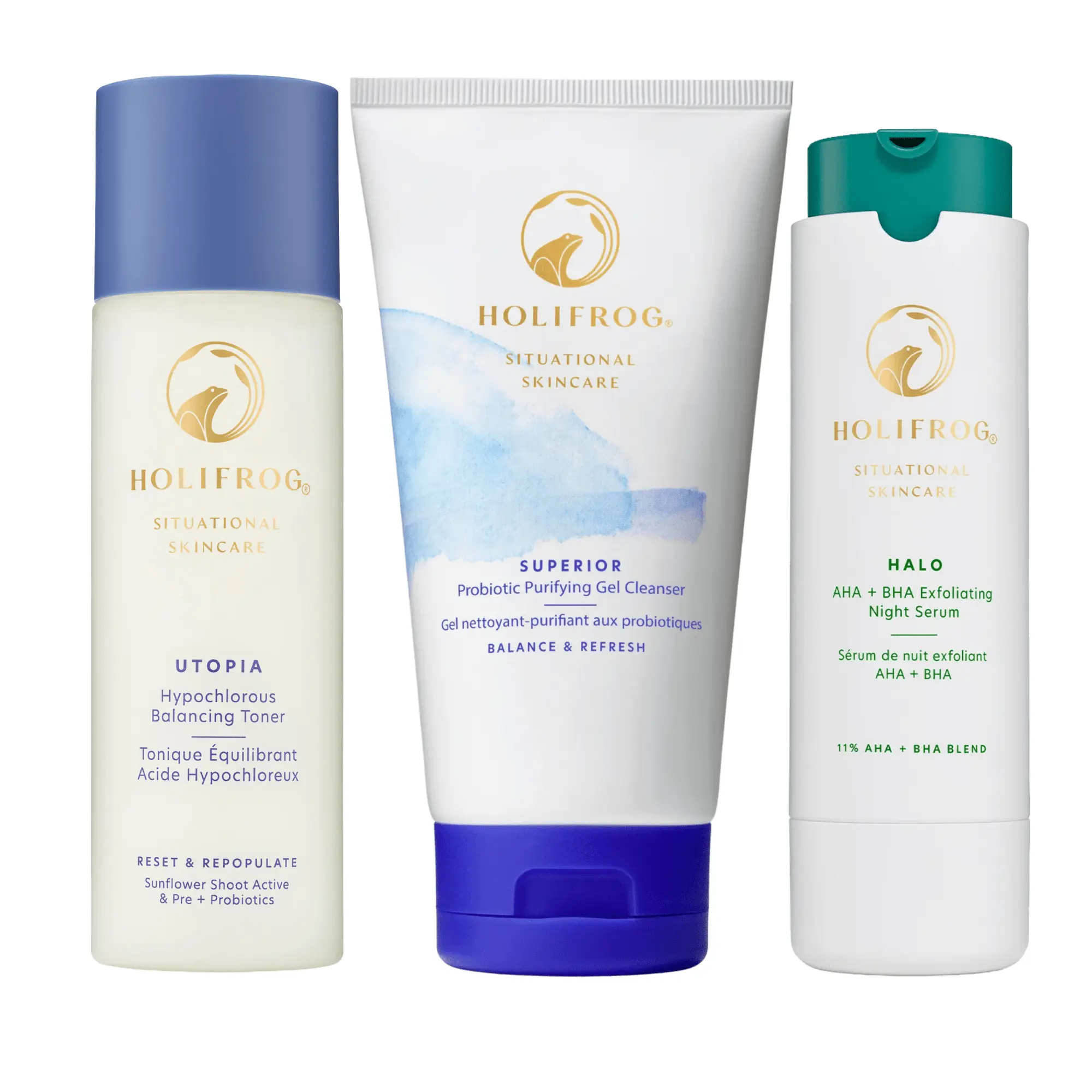 HoliFrog Pore Control Routine Bundle: Purifying Cleanser + Balancing Toner + AHA/BHA Serum