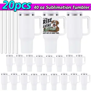 20 PACK 40 OZ Sublimation Tumblers with Removable Handle and Straw Lid Blanks for 40 OZ Tumbler Heat Press Sublimation Oven Printing White Drinkware Water Bottles Reusable Portable Flasks Set Mug Bottled