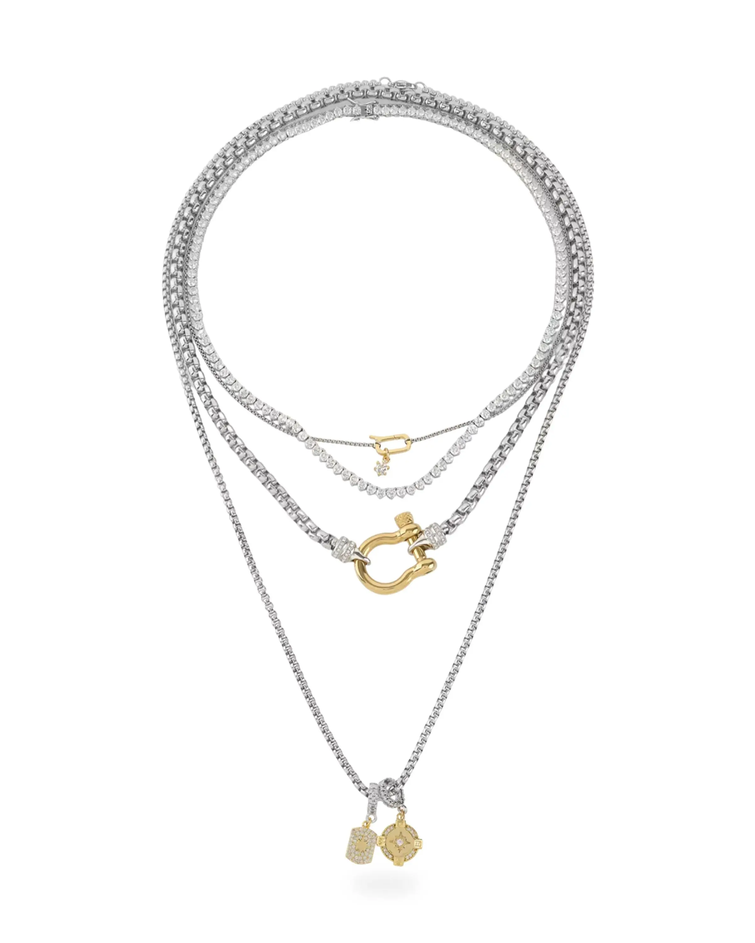 A ARTIZAN JOYERIA Herradura Signature Layered Necklace Set, 4-Piece Gold & Rhodium Plated Chains with Tennis Necklace & Clip-On Charms, Tarnish Resistant, Layered Chain Necklaces, Stacking Necklace