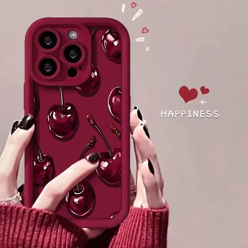 Sexy Wine Cherry Pattern Soft Silicone TPU Shockproof Protective Smartphone Cover, Mobile Phone Accessory for iPhone 17,16,16 Pro,15 Pro Max,14,13,12,11,X,Plus,Air,Mini for Girls