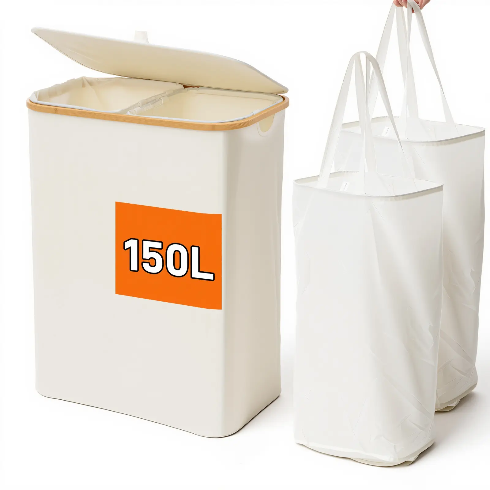 GARPROVM Double Laundry Hamper with Lid 150L Large Laundry Basket with Bamboo Handles Foldable Clothes Hampers with 2 Removable Liner Bags for Laundry for Bedroom Bathroom Dorm Laundry Room (Beige)