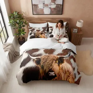Highland Cow Bedding Sets Queen Size,Brown Farmhouse Comforter for Adult Women with 2 Pillowcases/90 * 90