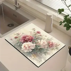 1pc Floral Dish Drying Mat - Absorbent Coffee Machine & Laundry Sink Pad. Multi-Purpose Drainage Mat for Kitchen Countertop, Washing Machine Dust Cover & Pet Mat. Stylish Non-Slip Placemat for Dining Table & Terrace Decor