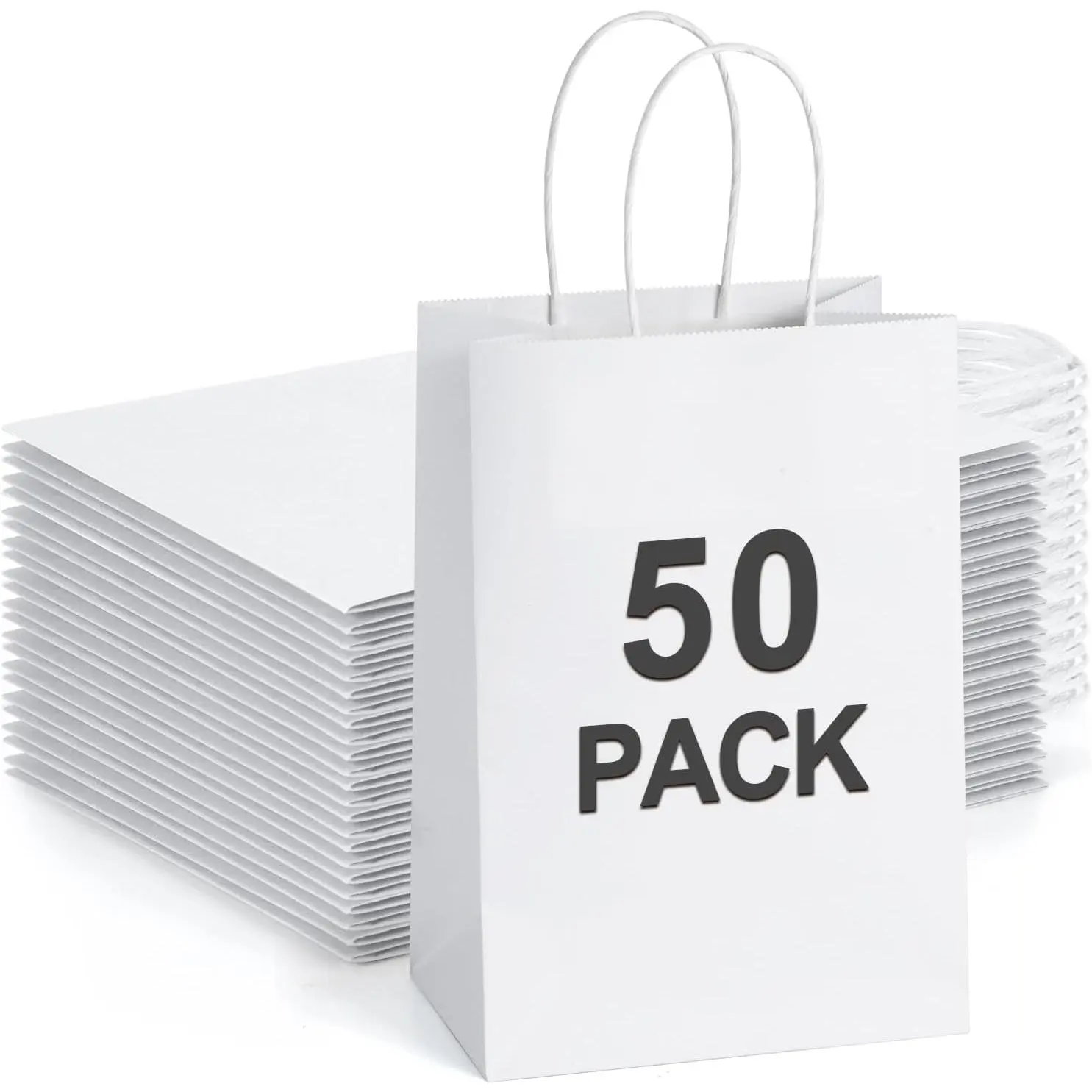 Small  Bags with Handles 50 count 5.25x3x8 Inches  Paper Bags Bulk for Party Favor, Retail, Merchandise, Wedding, Gifts, Recyclable White Paper Sacks