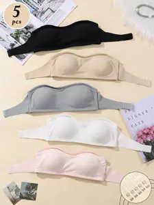 5 Pack Value Wireless Non-Slip Strapless Bandeau Bras, Elegant, Stay Up All Day No Slipping, Seamless No Show, Removable Pads, Multi Colors For Daily Rotation