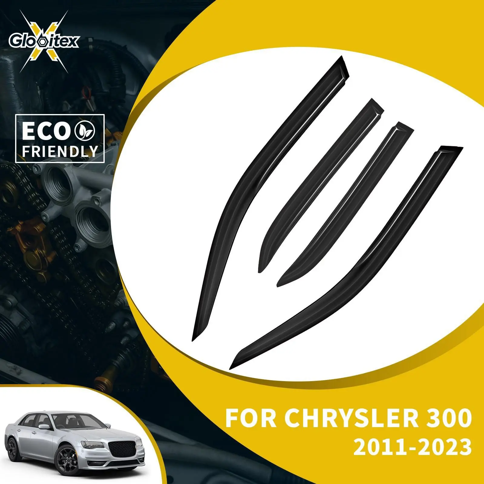 100% Brand New 4PCS Automotive Tape-On Low Profile Acrylic Window Visor Set - JDM Mugen-Style Vent Wind Deflectors with Water Channel, Ventilation, Edge-Fit Mount for Chrysler 300 4-Door Sedan 2011-2023, Car Exterior Decor Accessory