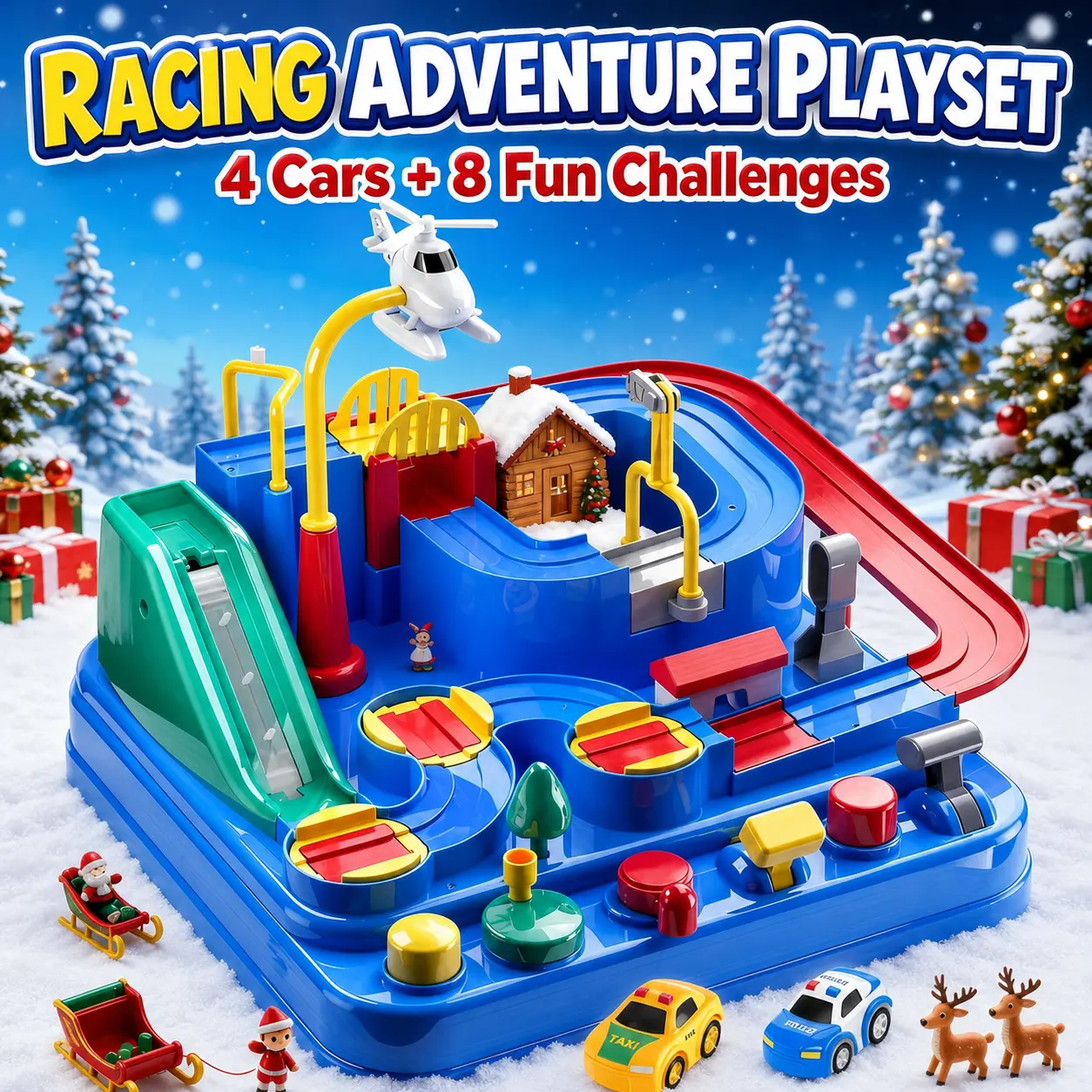 Kids' Racing Track Vehicle Playset - Racing Track Toy with 8 Exciting Challenges, 6 Buttons, 4 Mini Cars, Transportation Enrichment Toy, Car for Toddler, Perfect Birthday & Christmas Gift