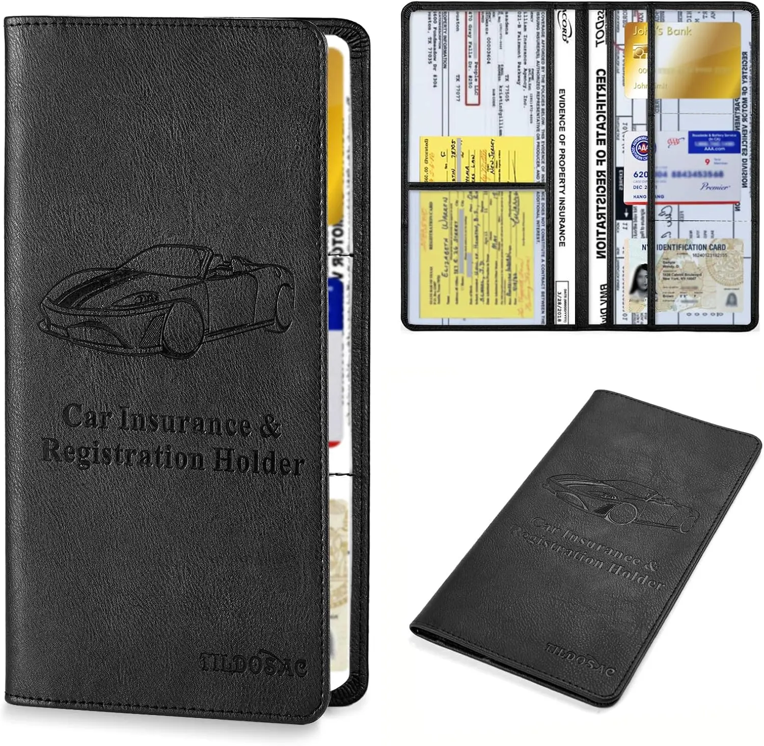 Premium Leather Car Registration and Insurance Card Holder - Magnetic Closure Car Document Holder & Glove Box Organizer - Black Large Wallet for License, ID & Vehicle Essential Documents