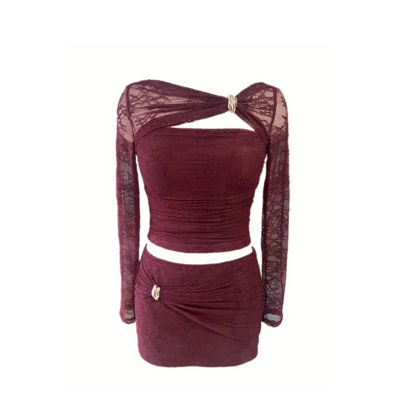 Womens Sexy Metal Buckle Decor Lace Fabric Outfit Top & Skirt Bodycon Set - Chic Feminine Clothes for Date Nights & Parties