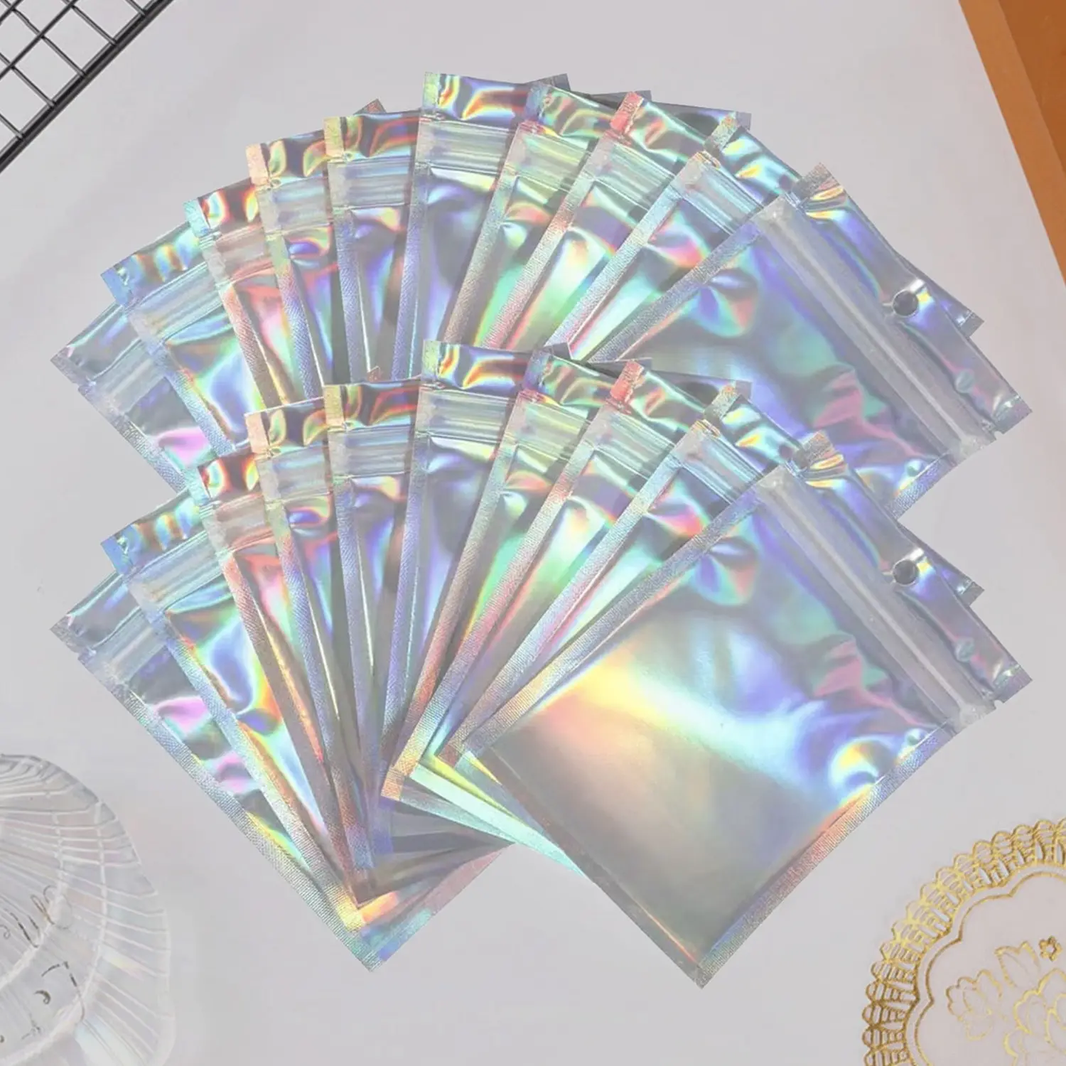 100 pcs Holographic Rainbow Zipper Bags, Reusable Laser Foil Transparent Plastic Pouches with Hang Hole for Jewelry, Cosmetics and Gifts, Clear Plastic Bag, Zipper Storage Bag