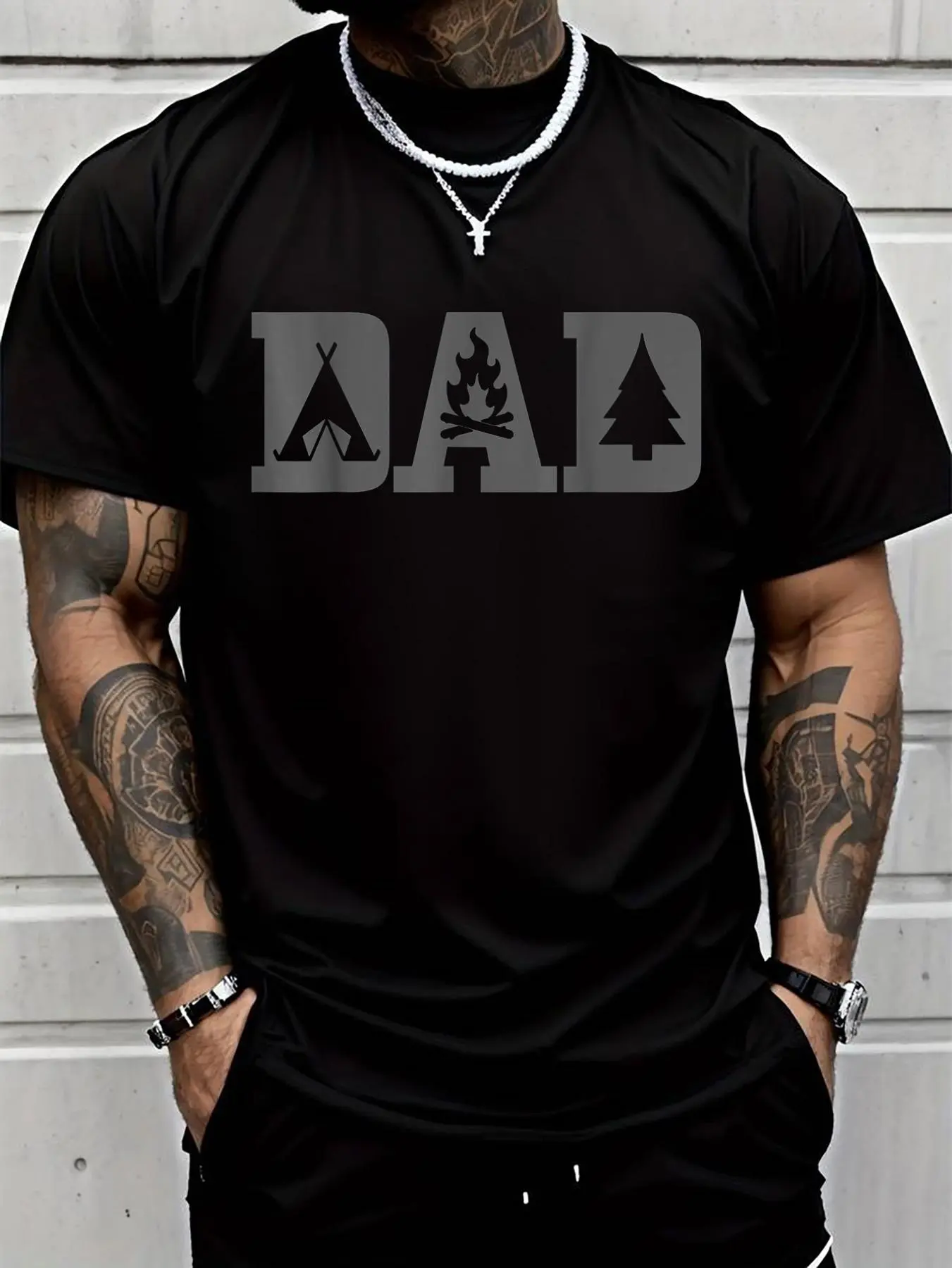 100% cotton Father's Day Outdoor Bushcraft Camper T-Shirt Printed T-shirt, Short-sleeved Crew Neck Casual Top, Suitable For All Seasons, Men's Wear