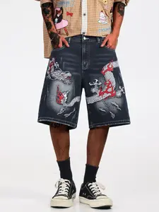 Men's Vintage Dragon Embroidered Loose Blue Denim Jeans Shorts, Streetwear Casual Trendy Design, Summer Versatile Clothing, Multiple Sizes Available