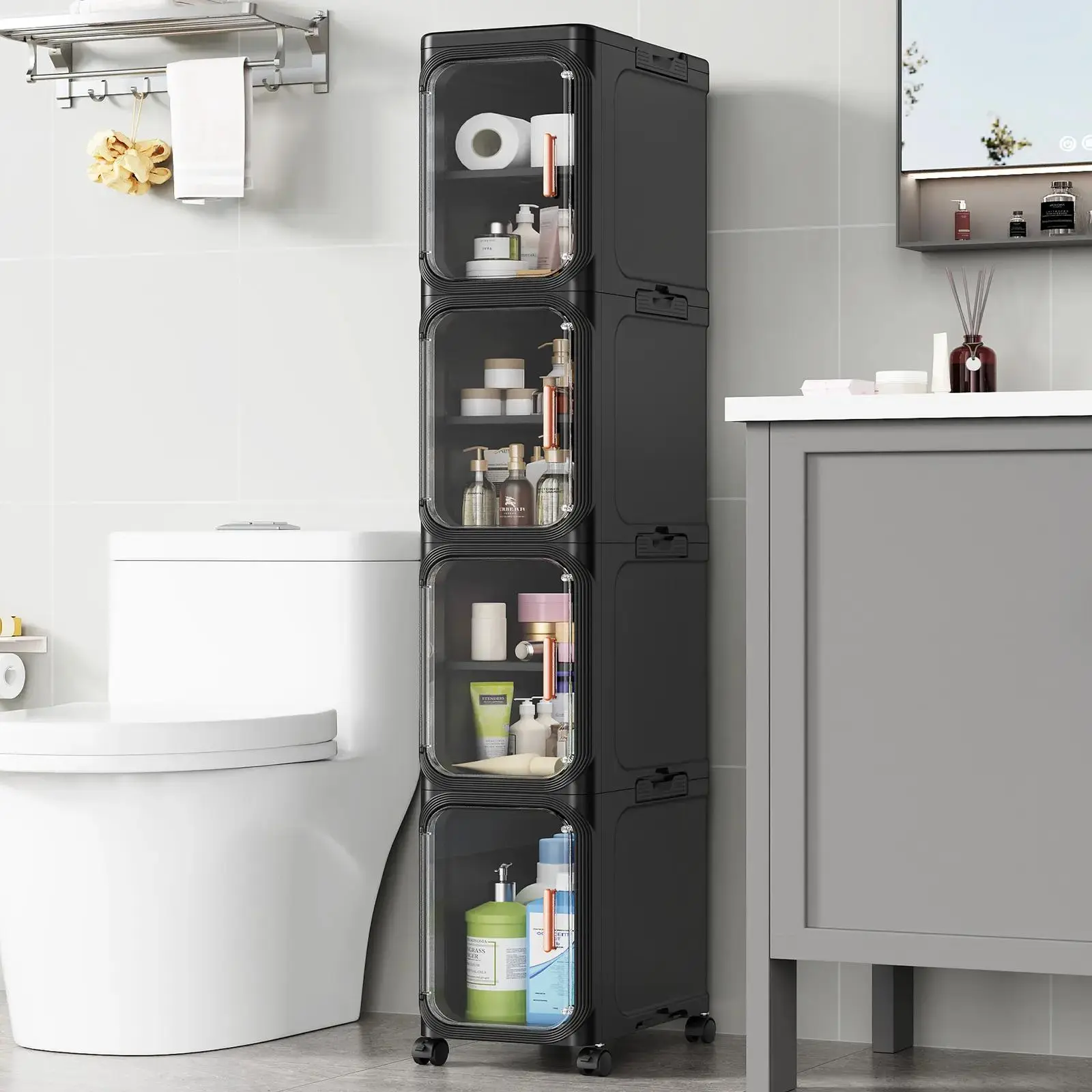 4-Tier Slim Bathroom Storage Cabinet, Foldable Narrow Bathroom Cabinet Organizer for Small Spaces, Adjustable Fridge & Vanity Gap Storage, Easy Move