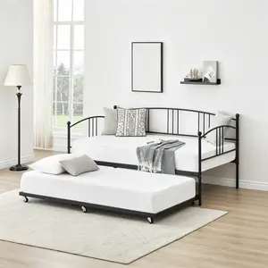 SA-Garvee Twin Daybed with Trundle, Daybed with Steel Slatted Support, Modern Arched Headboard, Compact and Versatile Design, Easy Assembly, No Box Spring Needed, Space-Saving Sofa Couch for Guest Room, Bedroom, Living Room, Black