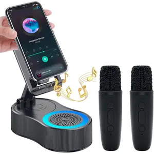 Arindar Gifts for Men Women,Cell Phone Stand with Wireless Bluetooth Speaker,Colorful Ambient Light 360 °   Foldable for Tablet iPhone Android 2 Wireless Microphones HD Surround Sound (Black)