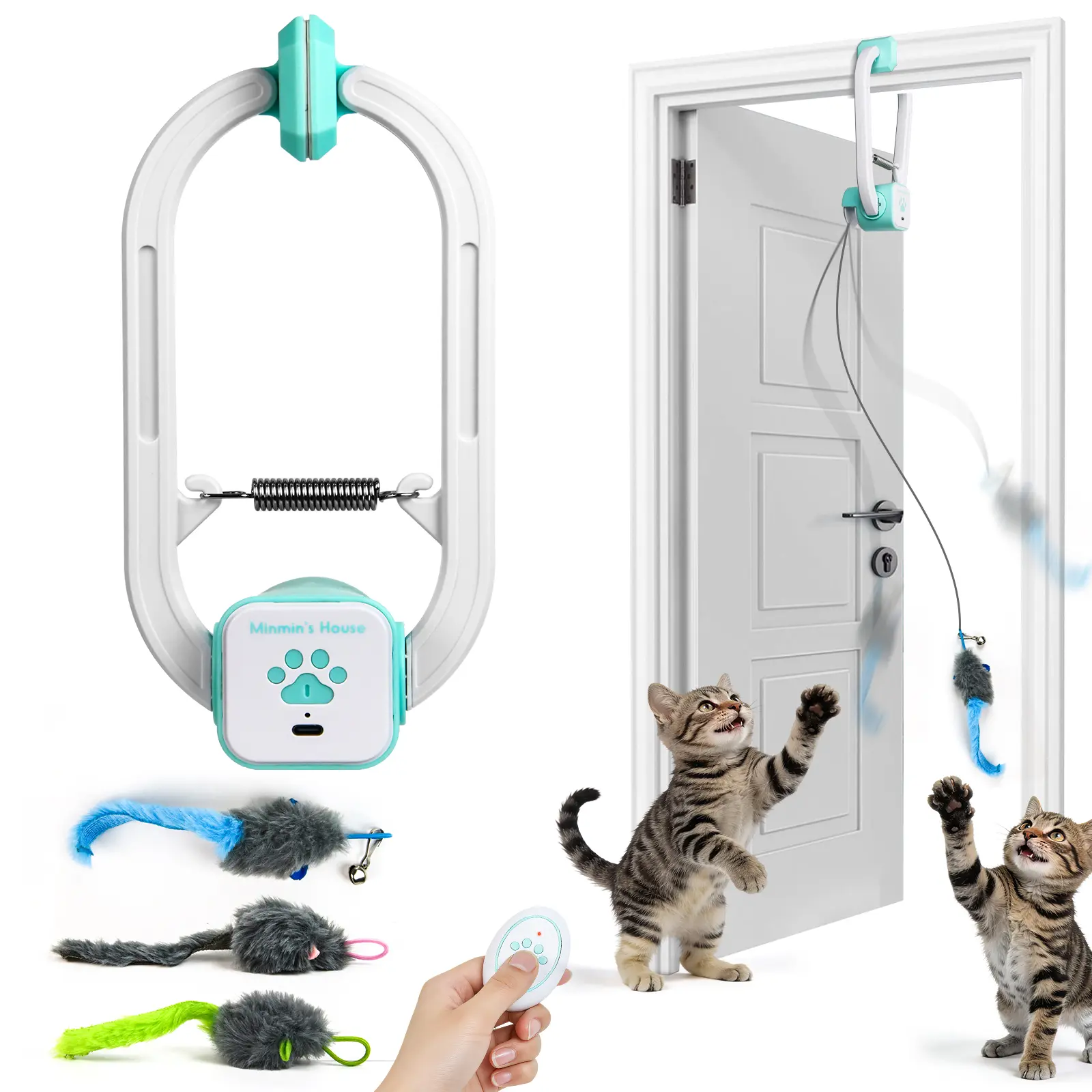 Minmin's House Rechargeable Electric Cat Teaser with Remote – Interactive Door Clip Teaser for Cats, 2 Motion Modes (360° Spin & Irregular Jumping), Smart Auto Cat Toy for Exercise & Fun tiktokshopspringglowup,#SummerWins #DealsForYouDays