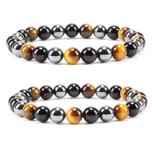 Triple Protection Bracelet - 8mm Beaded Bracelet for Women Men - Natural Stones of Tiger Eye, Hematite, Black Obsidian - Healing Crystal Bracelet for Anxiety Relief - Adjustable Size