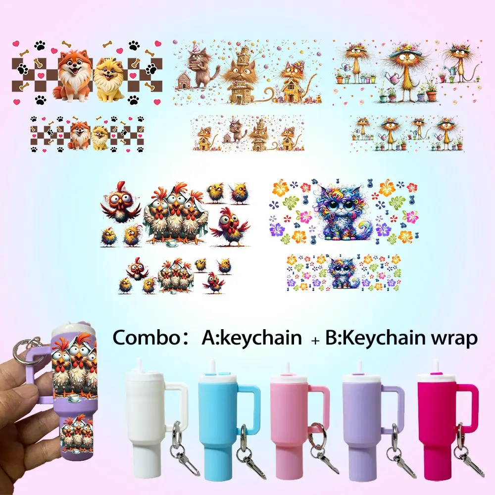 Animal Theme Design 10-In-1 DIY Craft Kit, Includes 5 Keychains Mini Cups & 5 UV DTF Transfer Stickers, Perfect for Easter Mother's Day Birthday Gifts, Crafting Kit, Handmade Crafts