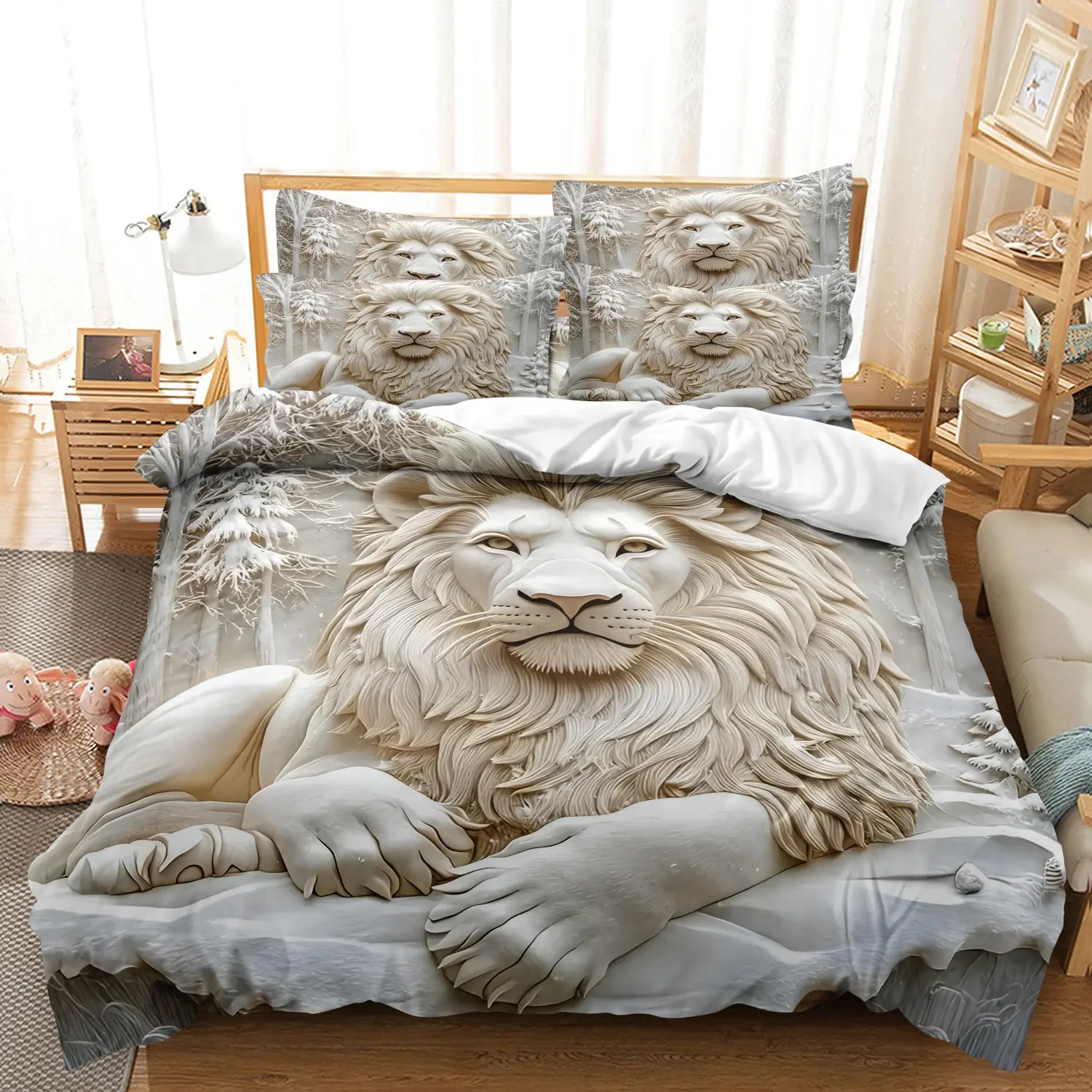 3-Piece Embossed Lion Pattern Digital Print Decorative Bedding Set (1 Fitted Sheet + 2 Pillowcases), Polyester Fiber 90g, No Core, Bedroom Use, Decorative Bedsheet Sets