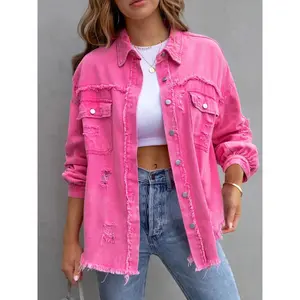 Women's Vintage Denim Coat, 2026 Plain Ripped Raw Hem Button-Front Drop Shoulder Collared Outerwear with Pockets, All Seasons Casual Chic Long-Sleeve Asymmetric Neck High Jackets for Daily Wear