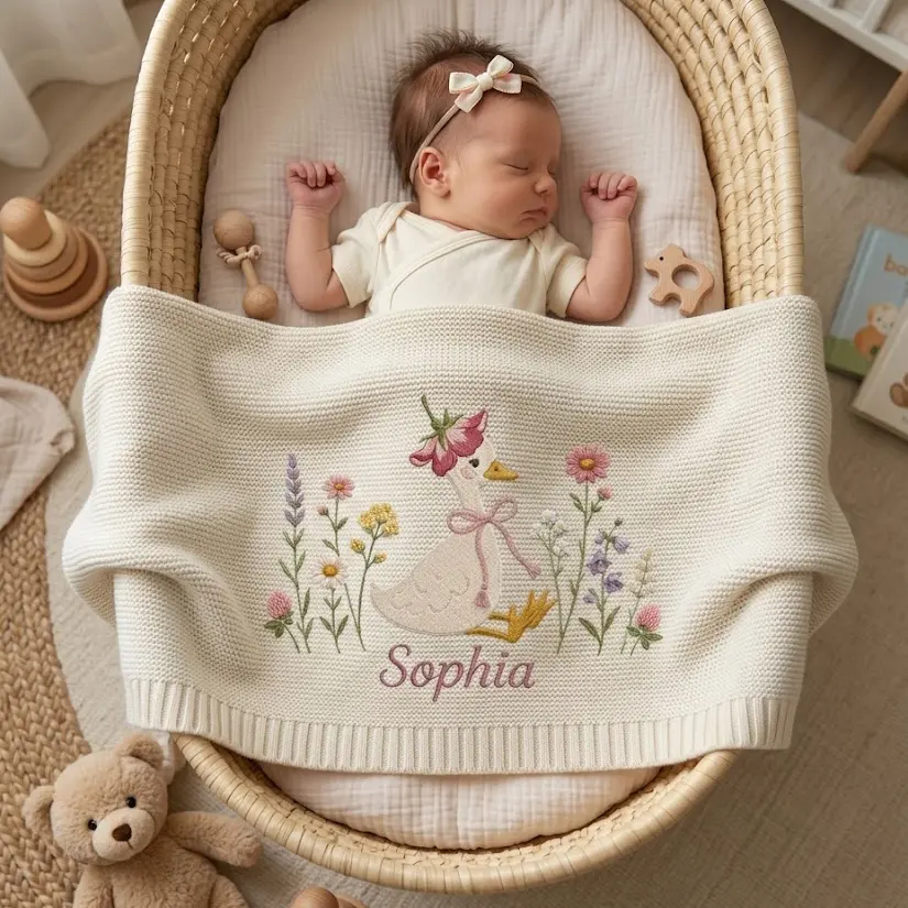 [Made-to-Order] Personalized Embroidered Goose Floral Baby Blanket, Custom Knit Baby Blanket with Name for Newborn, Wildflower Nursery Gift, Newborn Keepsake Gift