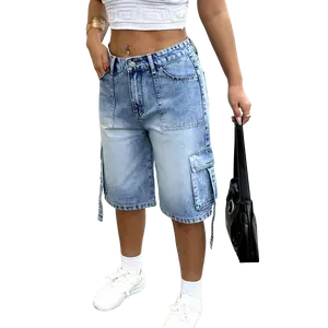 Women's Washed Denim Cargo Shorts, Loose Fit Mid-Length Denim Shorts for Women
