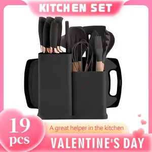 19 Piece Silicone Kitchen Utensils Set with Wooden Handle & Knives - Heat-Resistant, Non-Stick Cooking Tools & Storage Bucket - Perfect Kitchen Gadgets for Easy Cooking and Cleaning Cookware Barrel Stainless Steel kitchen