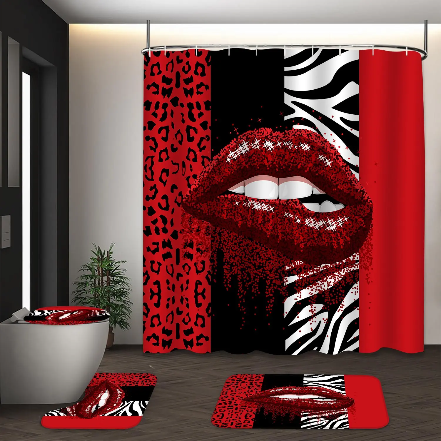 LVRLVR 4Pcs Glitter Red Lips Leopard Zebra Print Glamorous Bold Multi-Color Shower Curtain Set for Bathroom Bathroom Curtains 70.8×70.8 Inch Bathroom Decoration Accessories