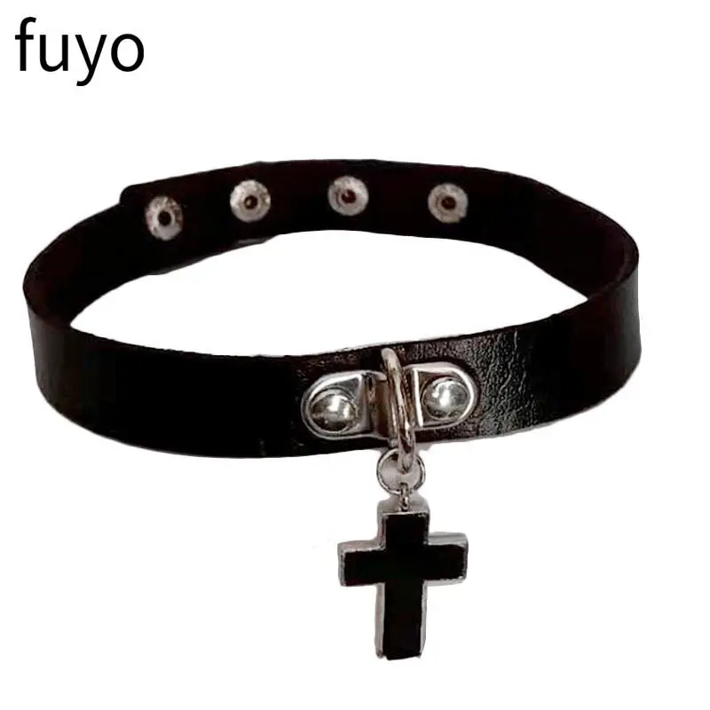 Black Cross Gothic Punk Pu Leather Choker Necklaces Collar Necklace Rock Jewelry For Women Man