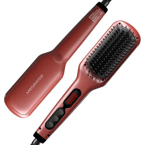 MEGAWISE Hair Straightener Brush Pro, Fast Heating Ceramic Ionic Brush for Smooth Frizz-Free Hair, Safe Anti-Scald Design, Dual Voltage Travel Use (Tomato Red)