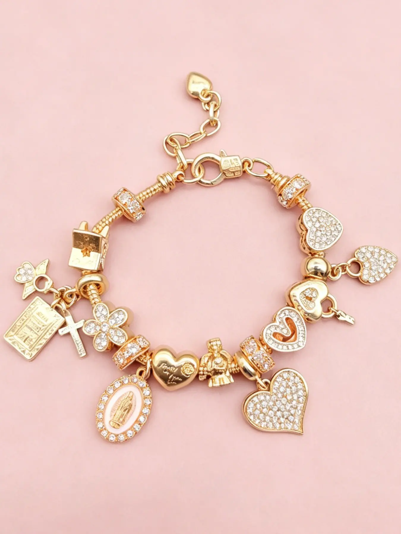 Shimmering Heart Cross Pendant Bracelet, Exquisite Bracelet, Rhinestone Star & Key Lock Charm, Personalized Faith Jewelry for Women, Daily Wear, Gift for Dates & Mothers' Day, Heart Bracelets