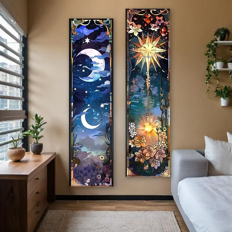 Sun & Moon Pattern Wall Hanging Tapestry, Durable Decorative Tapestry, 2 Counts/set Flowers and Stars Night Sky Long Narrow Tapestry Wall Decor for Home Living Room Bedroom, Wall Tapestries, Hanging Wall Art