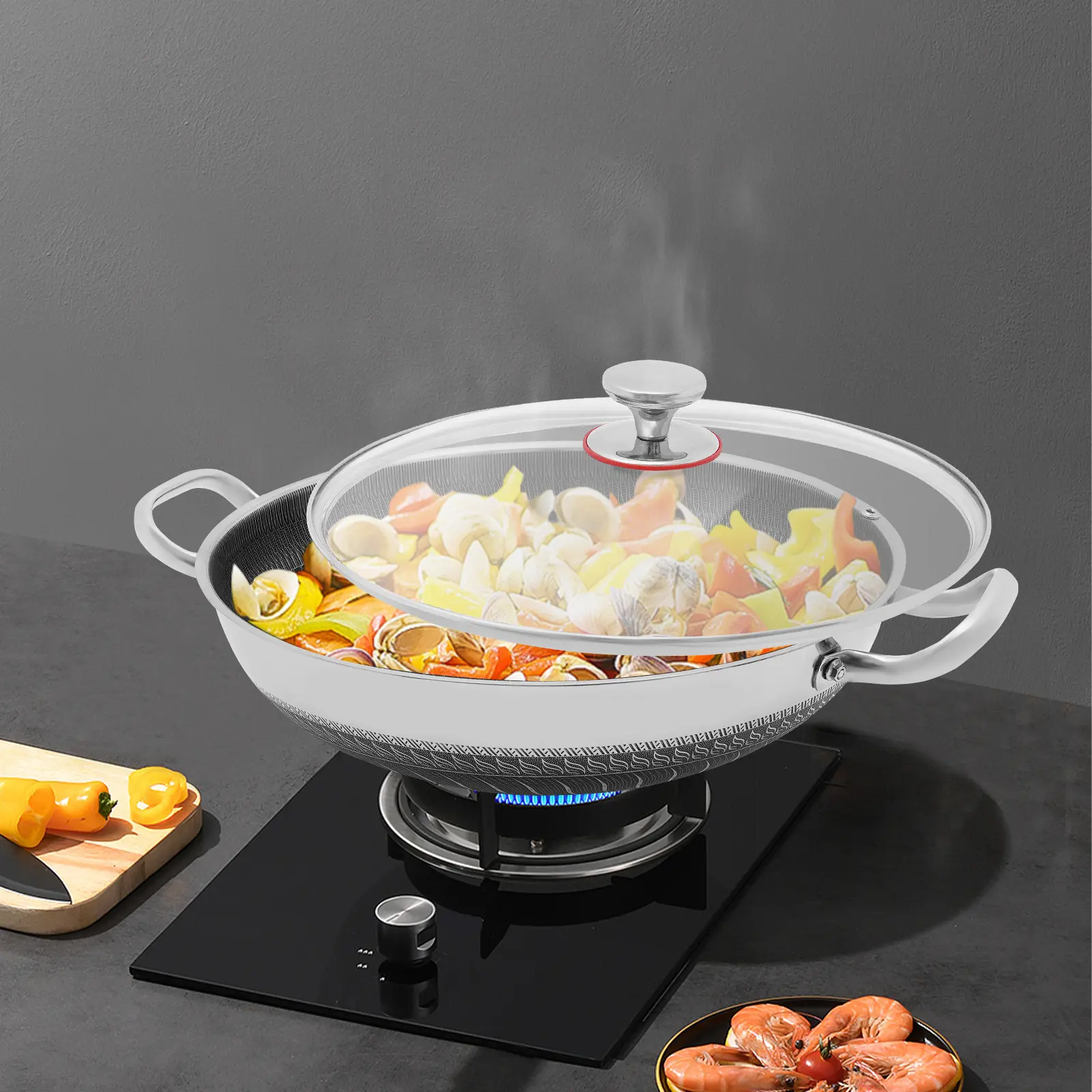 13.98 Inch 410 Stainless Steel Honeycomb Frying Pan-Wok with Tempered Glass Lid, Fast Heating Cookware for Multi-Stove Compatibility