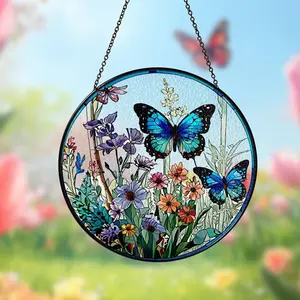 Butterfly Flowers Stained Glass Suncatcher Home Decor,Flowers Stained Glass Window Hanging,Butterfly Decor,Mother's Day,Nature Lover Gift