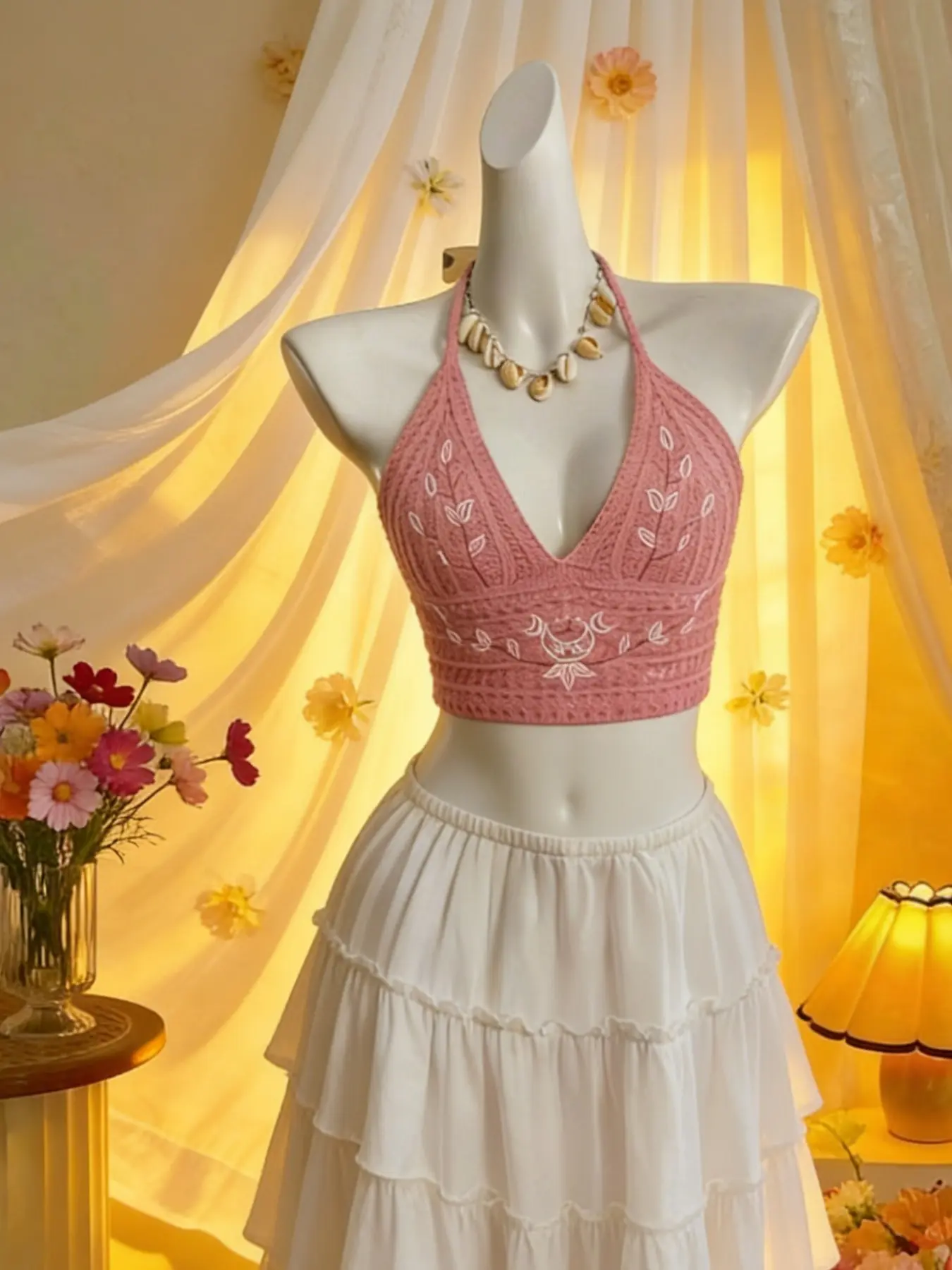 Summer Vacation Halter Top for Women, Cute Y2K Embroidered Design, Slim-Fitting Knitwear, Beach Style, Casual and Simple