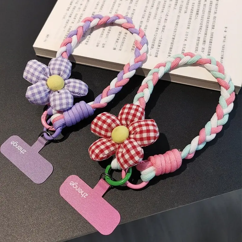 Flower phone lanyard, wrist-style, short length, simple design, fashionable for women, Phone Charm. Durable, sturdy, woven lanyard.