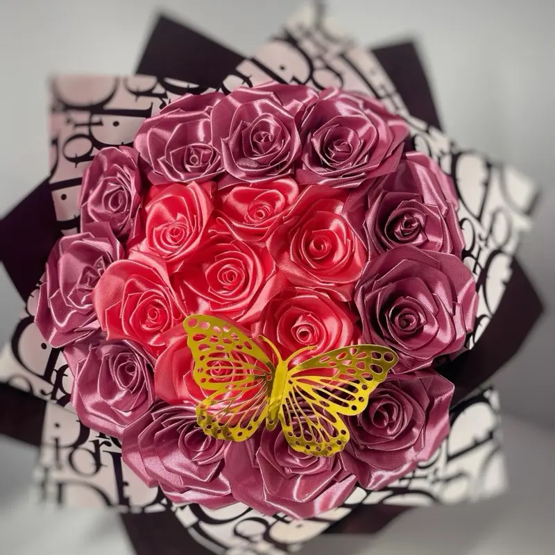Handcrafted Light Blue and White Satin Ribbon Rose Bouquet with Gold Butterfly Accessory, Unisex Eternal Forever Rose Bouquet Party Gift