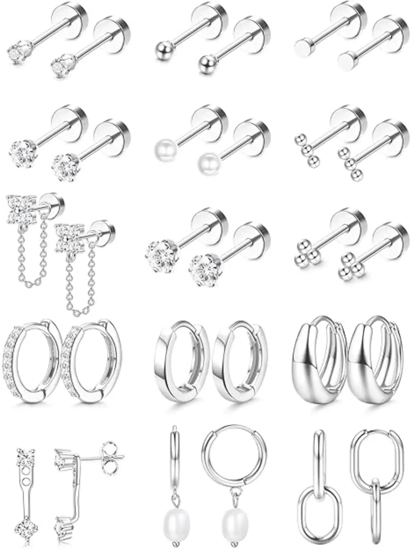 Flat Back Earrings for Women Hypoallergenic  Steel Earrings for Sensitive Ears-20G Cartilage Earring Stacks 14K Gold Plated Hoops Flatback Stud Earring Sets for Multiple Piercing Earrings Studs Earrings Jewelry