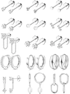 Flat Back Earrings for Women Hypoallergenic  Steel Earrings for Sensitive Ears-20G Cartilage Earring Stacks Earring Stacking Set 14K Gold Plated Hoops Flatback Stud Earring Sets for Multiple Piercing Flat Pierced Earring Ear Studs