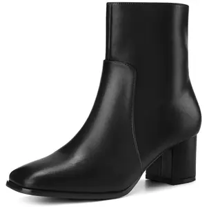 BLISSFUL STEP Fashion Square Toe Short Boots Low Block Heel Ankle Boot for Women