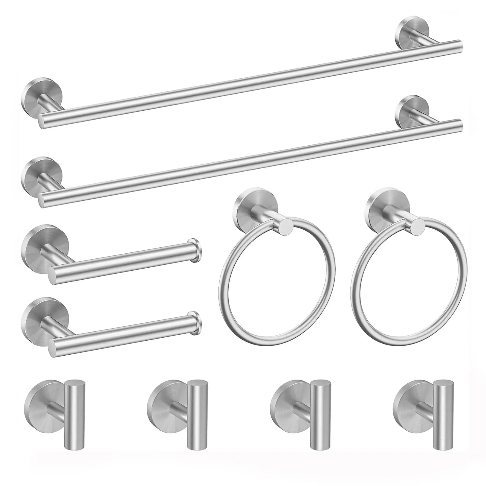 10-Piece High-Quality Brushed Nickel SUS304 Stainless Steel Bathroom Sets - 16-in Towel Bar, Hand Towel Ring, Toilet Paper Holder, Robe Hook, Modern Home Accessory Fixtures for Interior Bathroom Decor, Easy-to-Install