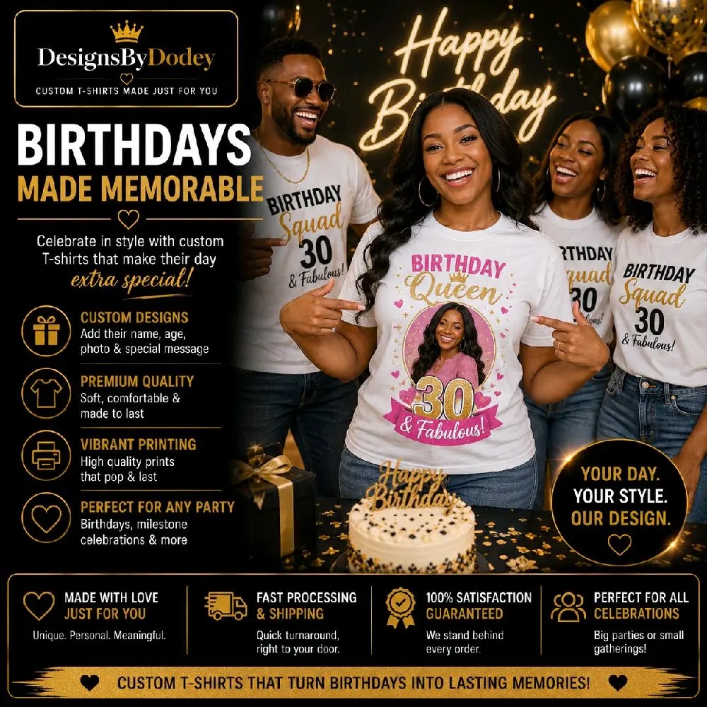 Custom Birthday Photo T-Shirt - Personalized Tee with Name, Age, Picture, Text for Family & Party Group Matching Outfits