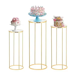 Gold Metal Clear Acrylic Cylinder Display Stands 3Pcs Round Hollow Pillar Cake Riser Pedestal for Wedding Bridal Shower Birthday Baby Shower Dessert Table Floral Balloon Centerpiece Decor