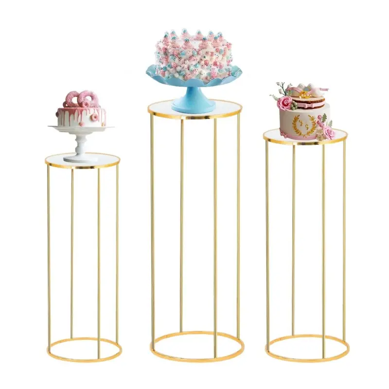 Gold Metal Clear Acrylic Cylinder Display Stands 3Pcs Round Hollow Pillar Cake Riser Pedestal for Wedding Bridal Shower Birthday Baby Shower Dessert Table Floral Balloon Centerpiece Decor