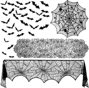 Halloween Decorations Kit - 39 Pcs Black Lace Spiderweb Table Runner, Round Tablecloth, Mantel Scarf & 36 3D Bats Stickers for Spooky Party Décor